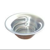 A shiny, reflective cast aluminum salad bowl with a wide rim and smooth curved sides sits on a white background. The bowl’s surface displays light reflections and a seamless, polished appearance, ideal for cold holding.