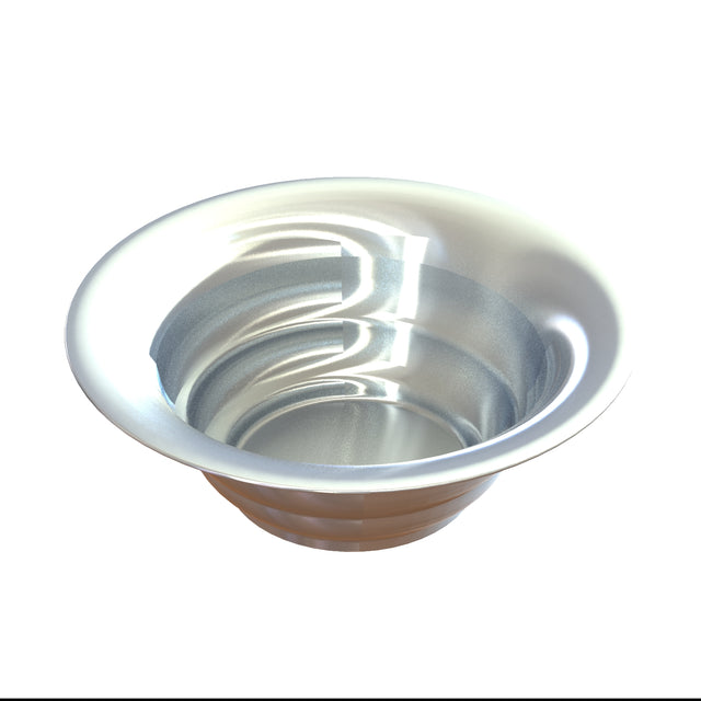 A shiny, reflective cast aluminum salad bowl with a wide rim and smooth curved sides sits on a white background. The bowl’s surface displays light reflections and a seamless, polished appearance, ideal for cold holding.