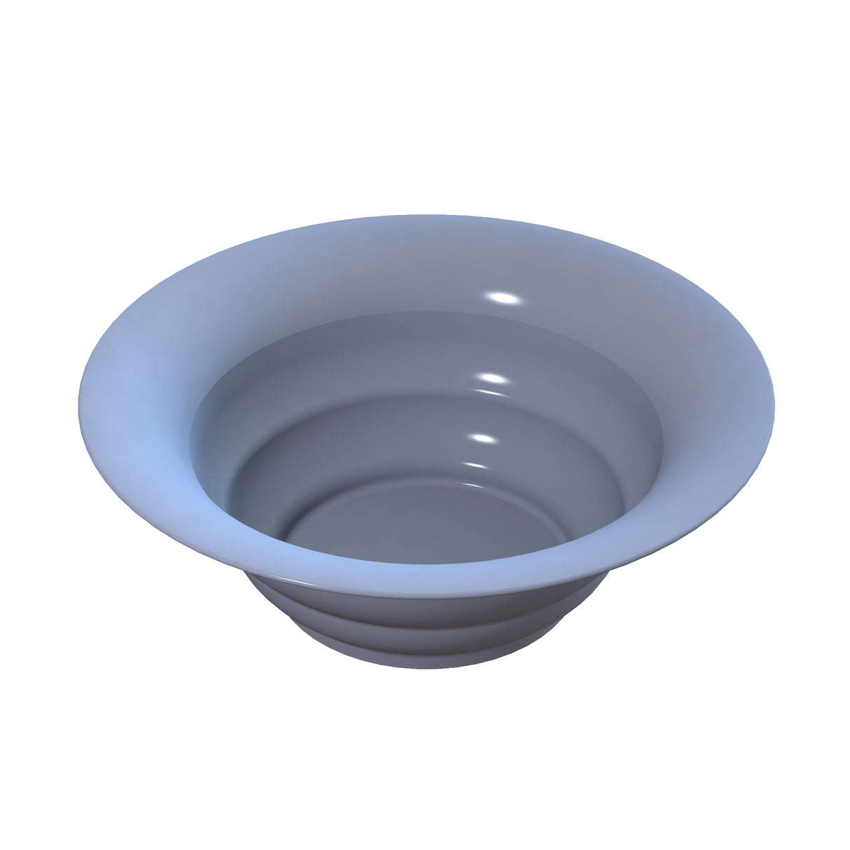 A 3D-rendered, shiny, light gray cast aluminum bowl with smooth, slightly flared walls and a rounded, stepped base, seen from above. Its glossy surface reflects light for a clean, modern look—perfect as a salad bowl for cold holding. The background is plain white.