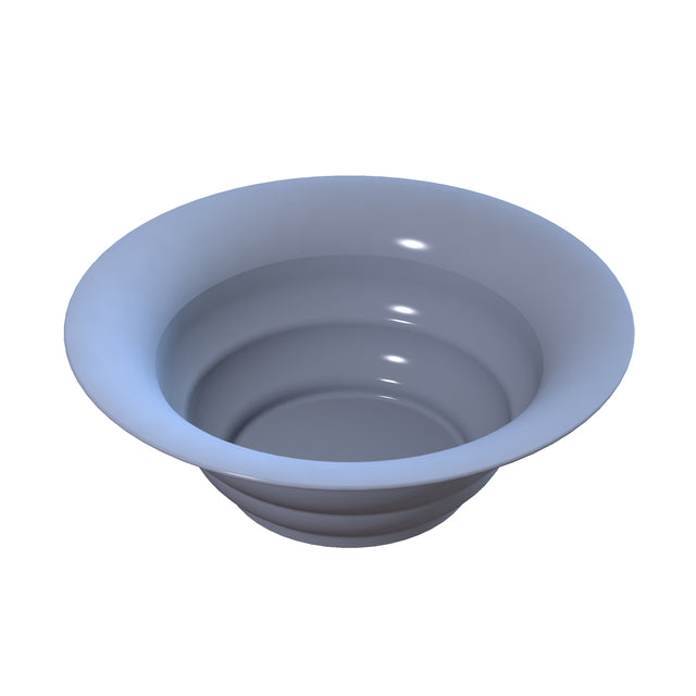 A 3D-rendered, shiny, light gray cast aluminum bowl with smooth, slightly flared walls and a rounded, stepped base, seen from above. Its glossy surface reflects light for a clean, modern look—perfect as a salad bowl for cold holding. The background is plain white.