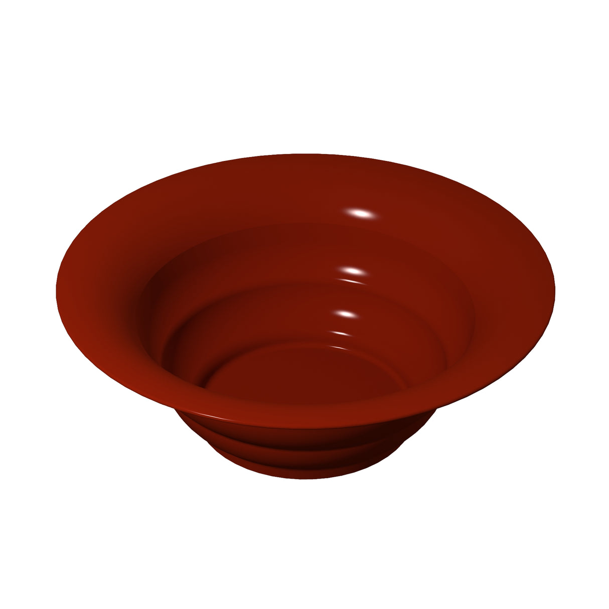 A deep, round, glossy red salad bowl with smooth curves and a wide rim, viewed from above against a plain white background. The bowl appears empty and evenly lit, highlighting its polished ceramic surface and rich color—ideal for cold holding.
