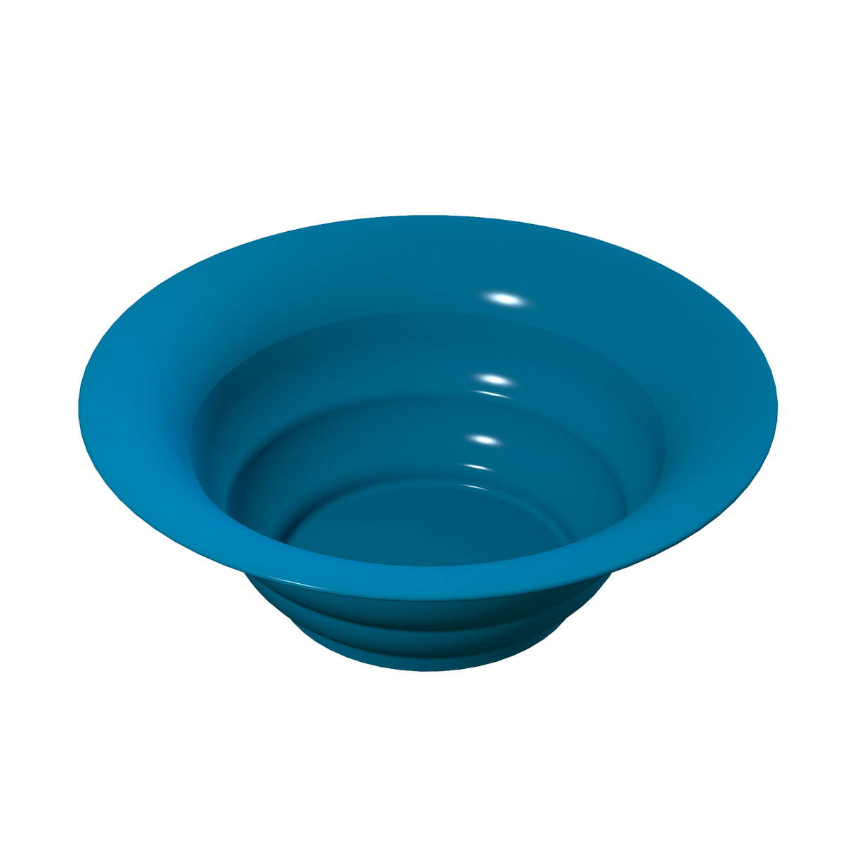 A smooth, blue, wide-brimmed salad bowl with gently sloped sides and a glossy finish. The bowl features concentric circular ridges inside and appears empty, viewed from a slightly raised angle on a plain white background.