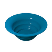 A smooth, blue, wide-brimmed salad bowl with gently sloped sides and a glossy finish. The bowl features concentric circular ridges inside and appears empty, viewed from a slightly raised angle on a plain white background.