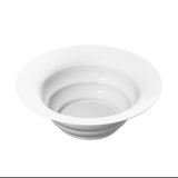 A plain, white, round salad bowl with a wide rim and shallow depth is shown against a white background. The basin’s smooth and glossy surface reflects light, ideal for cold holding as its sides slope inward from the rim to the bottom.