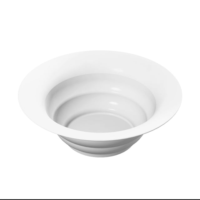 A plain, white, round salad bowl with a wide rim and shallow depth is shown against a white background. The basin’s smooth and glossy surface reflects light, ideal for cold holding as its sides slope inward from the rim to the bottom.