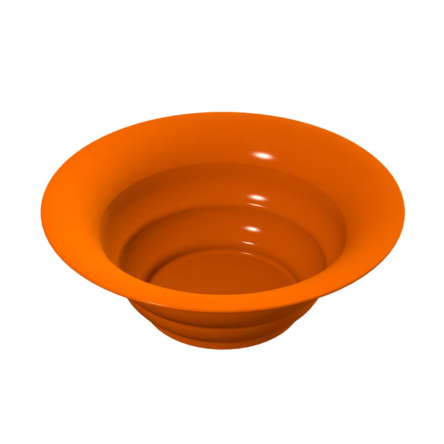 A bright orange, round salad bowl with smooth, glossy sides. The bowl has a wide, outward-flaring rim and a deep center, giving it a simple yet modern appearance. The surface reflects light, highlighting its shiny texture.