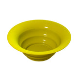 A bright yellow salad bowl with a wide rim and smooth, shiny surface. The bowl has a simple, round shape and appears empty, viewed from a slightly elevated angle against a white background.