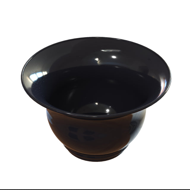 A glossy, black tulip salad bowl with a wide rim and deep, round base is shown on a white background. The bowl’s surface reflects light, highlighting its smooth and polished texture. It is also dishwasher safe for easy cleaning.