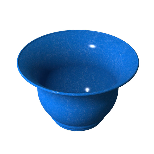A wide, round, blue Tulip Salad Bowl with a flared rim and smooth, speckled surface is viewed from above at an angle. Two small light reflections are visible on the interior surface. The background is plain white.