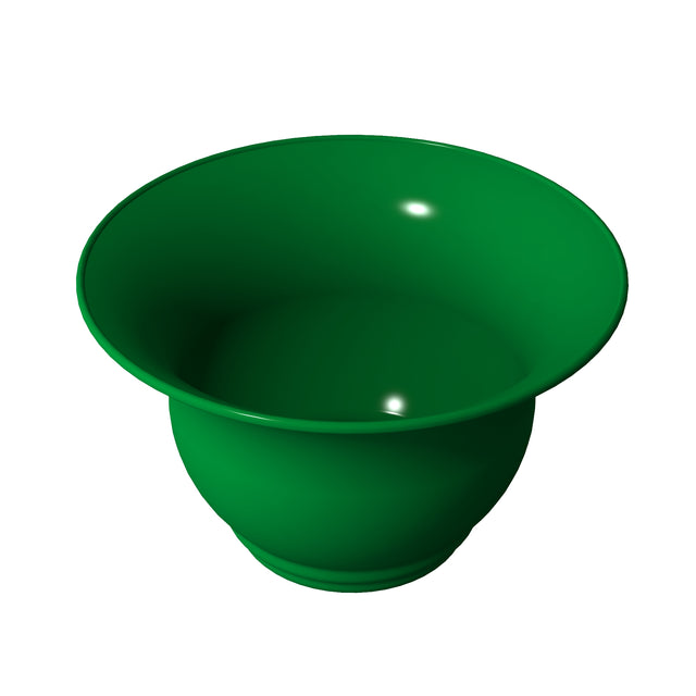 A 3D-rendered image of a shiny, deep green salad bowl with a wide rim and rounded base, set against a plain white background. The cast aluminum bowl has smooth, reflective surfaces with visible highlights indicating its glossy finish.