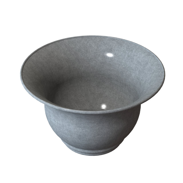 A gray, round Tulip Salad Bowl with a wide rim and smooth matte finish is crafted from cast aluminum, ideal for cold holding. It features a slightly flared rim, small circular base, and bright inner reflections against a white background.