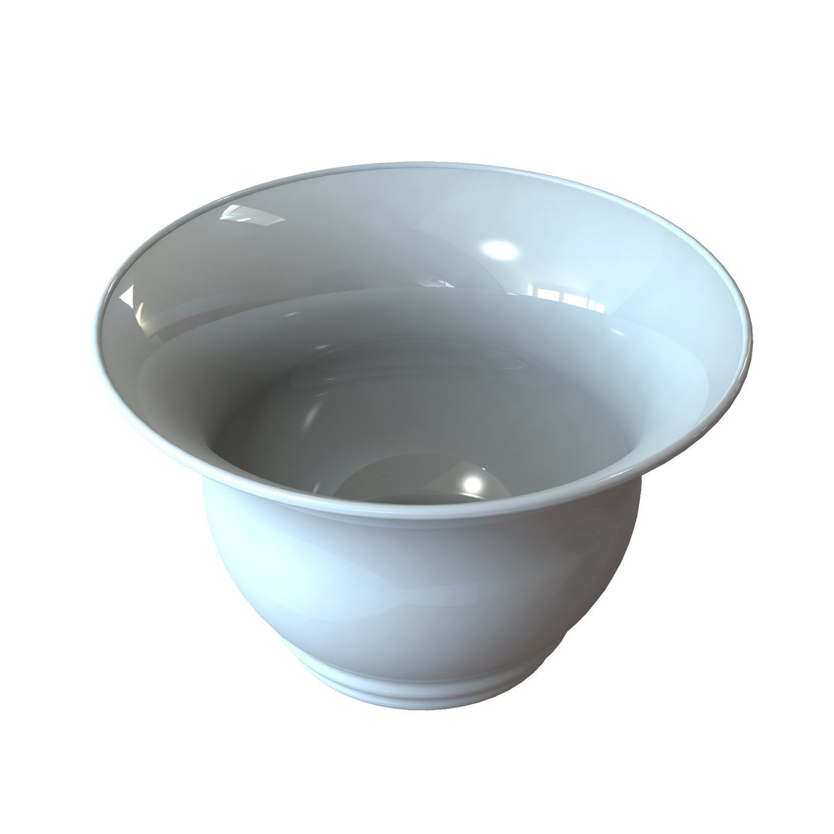 A white, glossy ceramic chamber pot with a wide rim and round base is shown against a plain white background. Its smooth surface reflects light, similar to a Tulip Salad Bowl’s clean and polished look. The interior is pristine and empty.