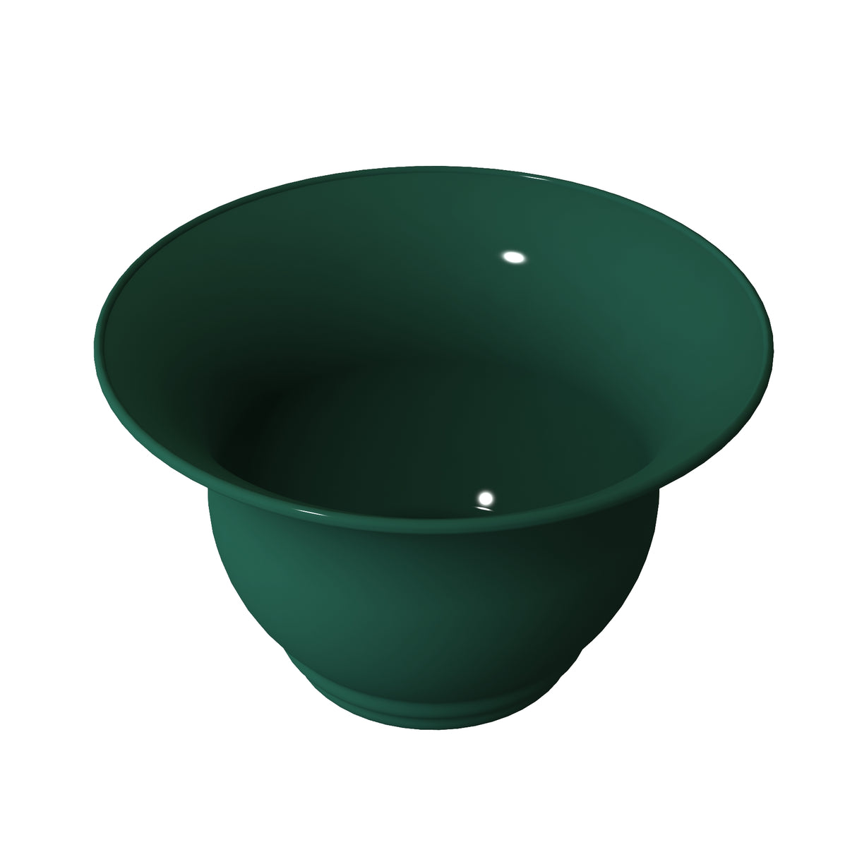 A digital rendering of a dark green, wide-mouthed Tulip Salad Bowl with a smooth, glossy finish. Crafted in cast aluminum, the bowl is ideal for cold holding. Two bright reflections suggest its shiny surface against a plain white background.