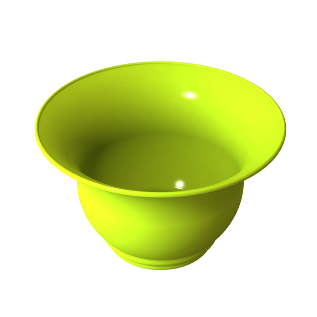 A bright lime green Tulip Salad Bowl, crafted from glossy Duracoat cast aluminum, features a wide rim, deep rounded base, and smooth, shiny sides that beautifully reflect light against a plain white background.