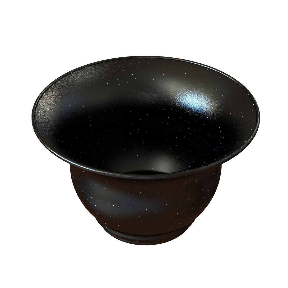 A glossy black salad bowl with a wide rim, crafted from cast aluminum and decorated with tiny white speckles resembling stars in the night sky. Both surfaces share this starry pattern, perfect for cold holding on its small, circular base.