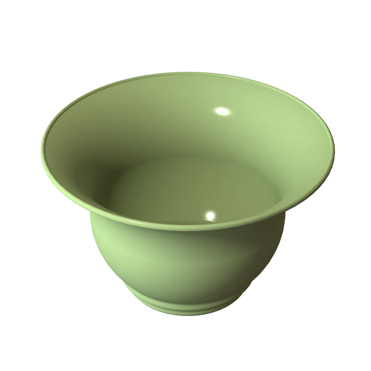 A glossy, light green Tulip Salad Bowl with a wide, flared rim and rounded base is shown against a white background. Its smooth ceramic surface reflects light, emphasizing its shiny, unadorned finish and simple, elegant design.