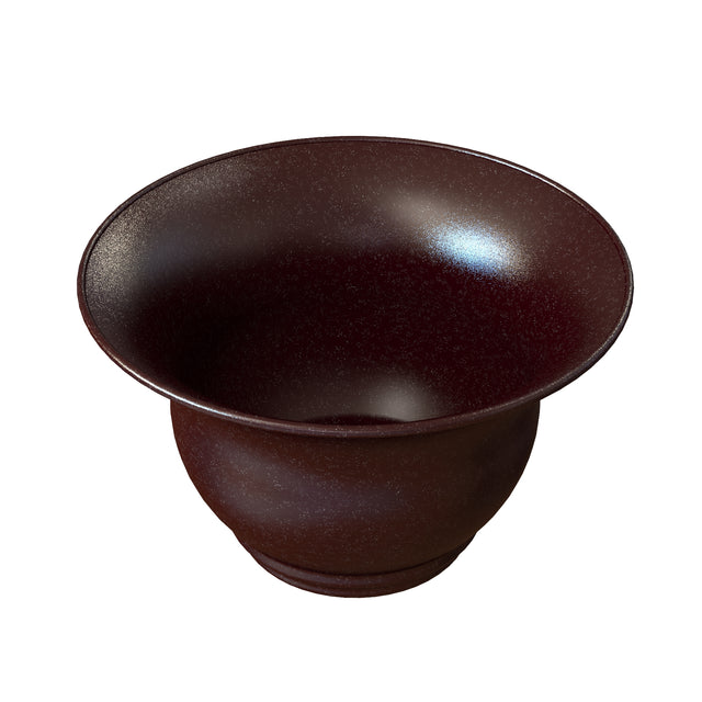 A wide, deep, dark reddish-brown cast aluminum salad bowl with a flared rim and a matte, slightly speckled surface. The inner bowl curves smoothly into the bottom, offering a simple and elegant design ideal for cold holding.