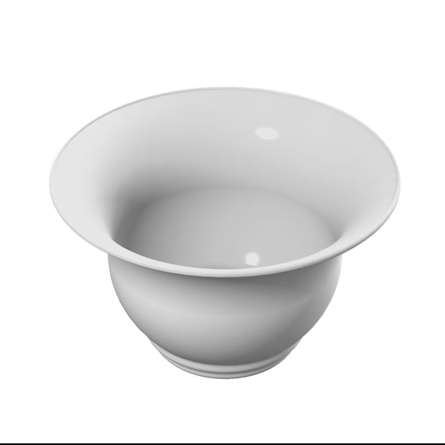 A plain white ceramic spittoon with a wide, flared rim and a rounded bowl-shaped body, shown on a white background. Its glossy surface reflects light, resembling the clean finish of a Tulip Salad Bowl, and the object appears unused.