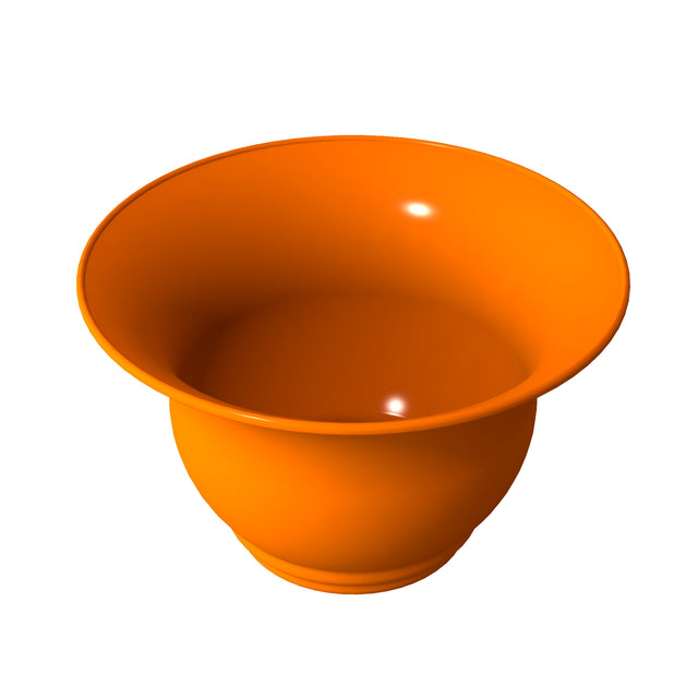A digital rendering of a glossy orange Tulip Salad Bowl with a wide rim and rounded body, crafted from cast aluminum for effective cold holding. The bowl sits empty on a plain white background, casting soft highlights.