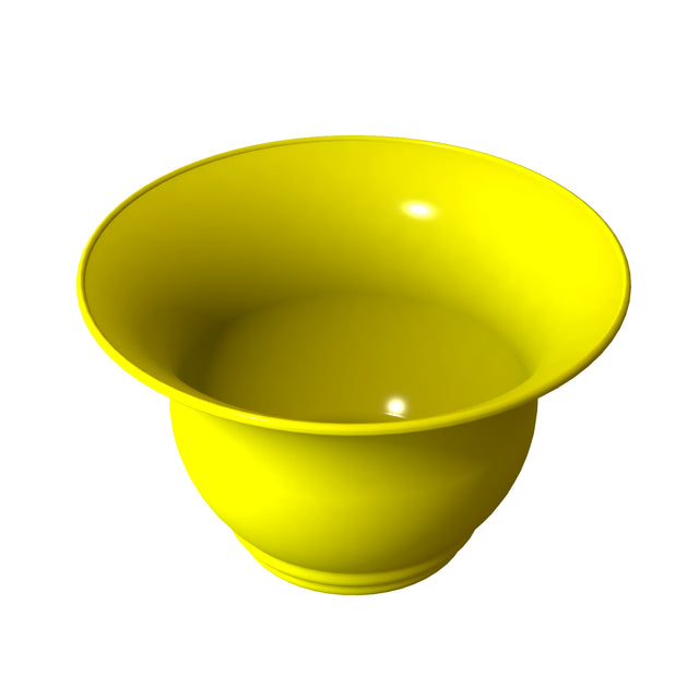 A shiny, bright yellow Tulip Salad Bowl with a wide rim and smooth surface is shown against a plain white background. The bowl’s glossy, cast aluminum curves are highlighted by light reflections for a striking display.