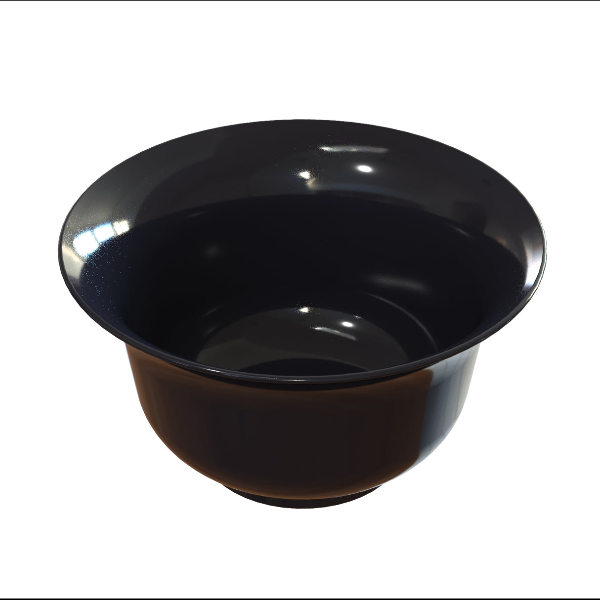 A shiny, black, round cold holding bowl with a wide rim and smooth surface, shown empty and viewed from above at an angle against a plain white background.