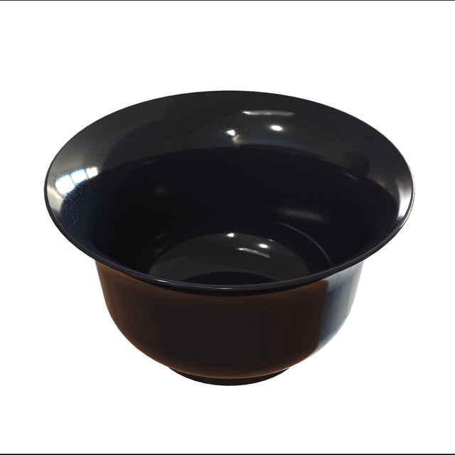 A shiny, black, round cold holding bowl with a wide rim and smooth surface, shown empty and viewed from above at an angle against a plain white background.