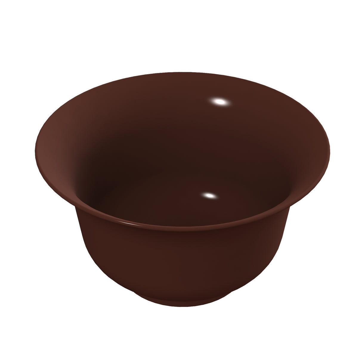 A deep, empty dark brown tulip salad bowl with a wide rim sits against a white background. The bowl features smooth, curved sides and a slight glossy reflection on its surface, suggesting polished ceramic or cast aluminum ideal for cold holding.