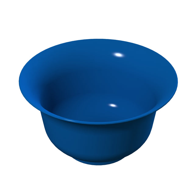 A shiny, empty, cobalt blue Tulip Salad Bowl with a wide rim and round base sits against a plain white background. Light reflections highlight the deep color on the inner and outer surfaces of the bowl.