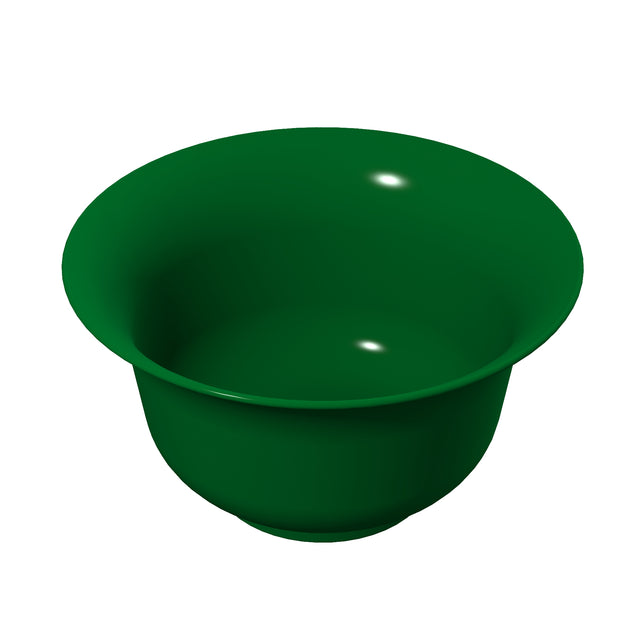 A shiny, deep green Tulip Salad Bowl with smooth, rounded sides and a wide rim is shown on a plain white background. The bowl is empty and well-lit, highlighting its glossy surface and simple, modern design. Perfect for cold holding salads.
