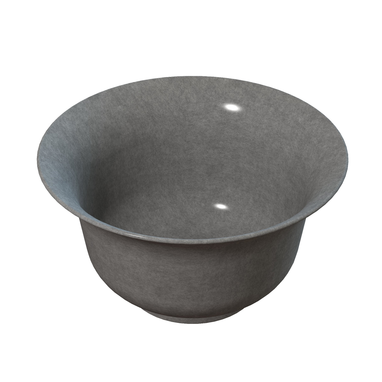 A simple, round, gray salad bowl with a wide rim and smooth surface. The bowl is empty and sits on a plain white background, with a soft light reflection visible on the inner and outer surfaces. It is also dishwasher safe.