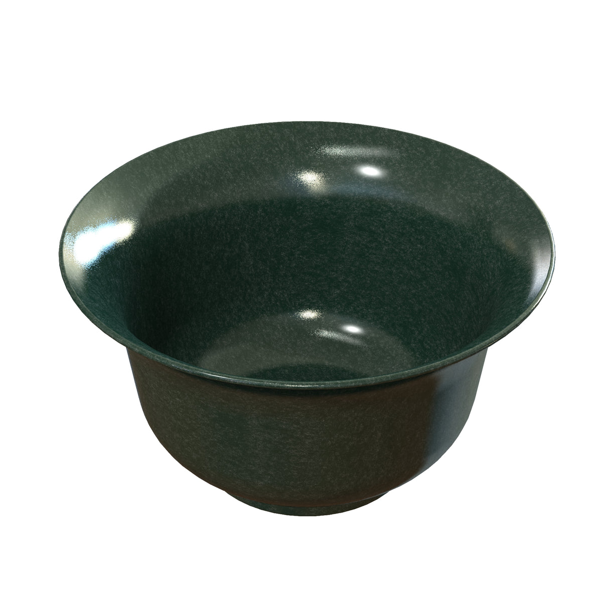 A dark green Tulip Salad Bowl with a wide rim and slightly flared shape. The glossy Duracoat coated cast aluminum surface features subtle marbling, creating a mottled texture. The bowl is empty and photographed on a white background.
