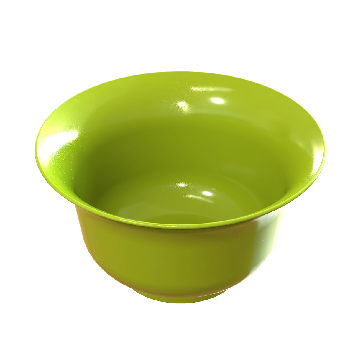 A shiny, bright green plastic salad bowl with smooth, curved sides is shown against a white background. The dishwasher safe bowl is empty and has a slightly flared rim, with light reflecting off its glossy surface.