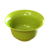 A shiny, bright green plastic salad bowl with smooth, curved sides is shown against a white background. The dishwasher safe bowl is empty and has a slightly flared rim, with light reflecting off its glossy surface.