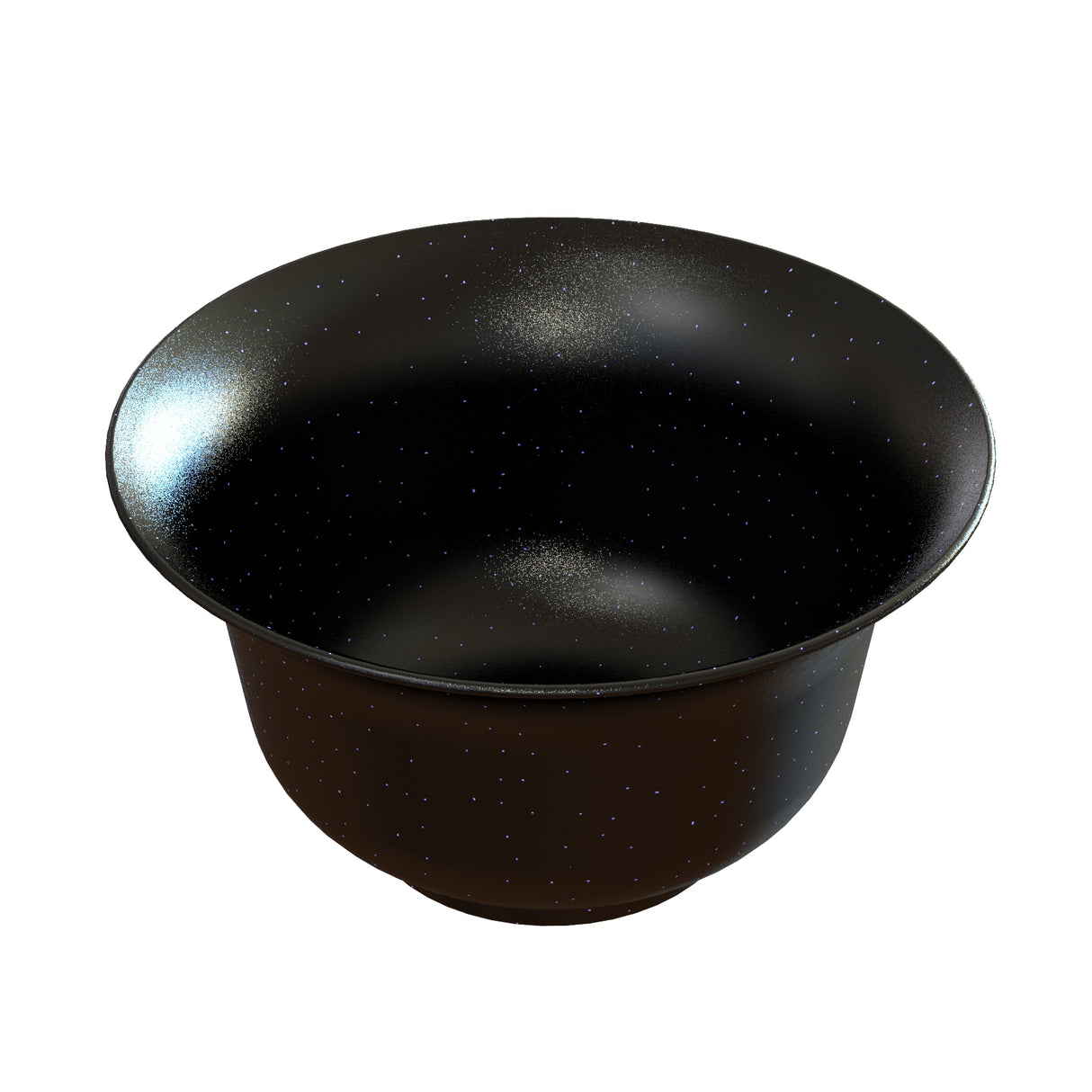 A wide, shallow black salad bowl with a glossy finish, speckled with tiny white dots resembling stars. Made from cast aluminum, this cosmic bowl is dishwasher safe and features the starry-night pattern inside and out. Empty and isolated on white.