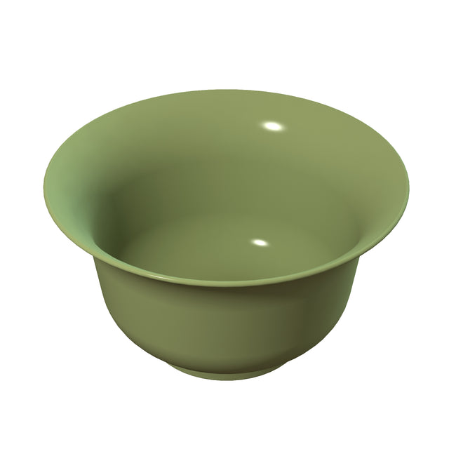A digital rendering of a plain, round Tulip Salad Bowl in muted olive green, shown from a slightly elevated angle against a white background. The bowl has a smooth surface, wide rim, and tapers slightly toward the base. Dishwasher safe for easy cleaning.