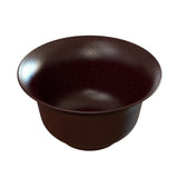 A large, deep salad bowl with a wide rim, made of dark reddish-brown material, possibly cast aluminum or plastic, features a slightly speckled and matte finish. The bowl is empty and set against a plain white background.