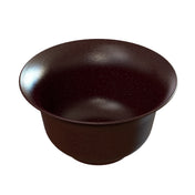 A large, deep salad bowl with a wide rim, made of dark reddish-brown material, possibly cast aluminum or plastic, features a slightly speckled and matte finish. The bowl is empty and set against a plain white background.