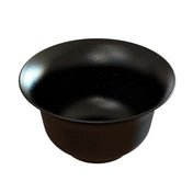 A black, wide-brimmed Tulip Salad Bowl with a deep base and matte finish, featuring small white speckles scattered across its cast aluminum surface, isolated on a white background.