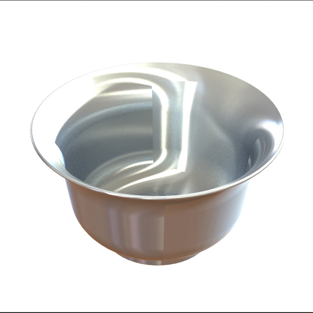 A shiny, metallic aluminum salad bowl with smooth, rounded sides and a wide rim. The reflective surface shows distorted highlights, appearing clean and empty against a plain white background. This bowl is also dishwasher safe.