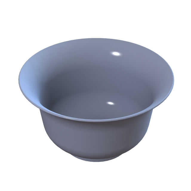 A simple, empty, gray salad bowl with a smooth surface and wide rim, shown against a plain white background. The bowl appears to be made of ceramic or cast aluminum, with subtle highlights reflecting light on its curved surfaces.