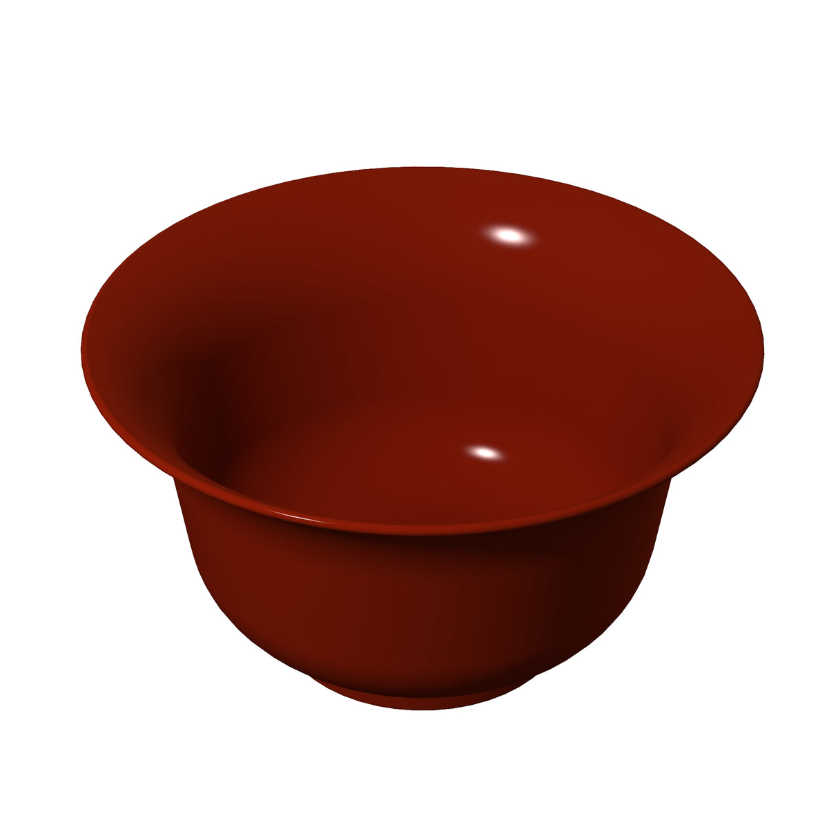 A plain, round, deep salad bowl with a wide rim, colored a glossy dark red. The cast aluminum bowl is empty and positioned on a white background, with light reflecting off its smooth surface.