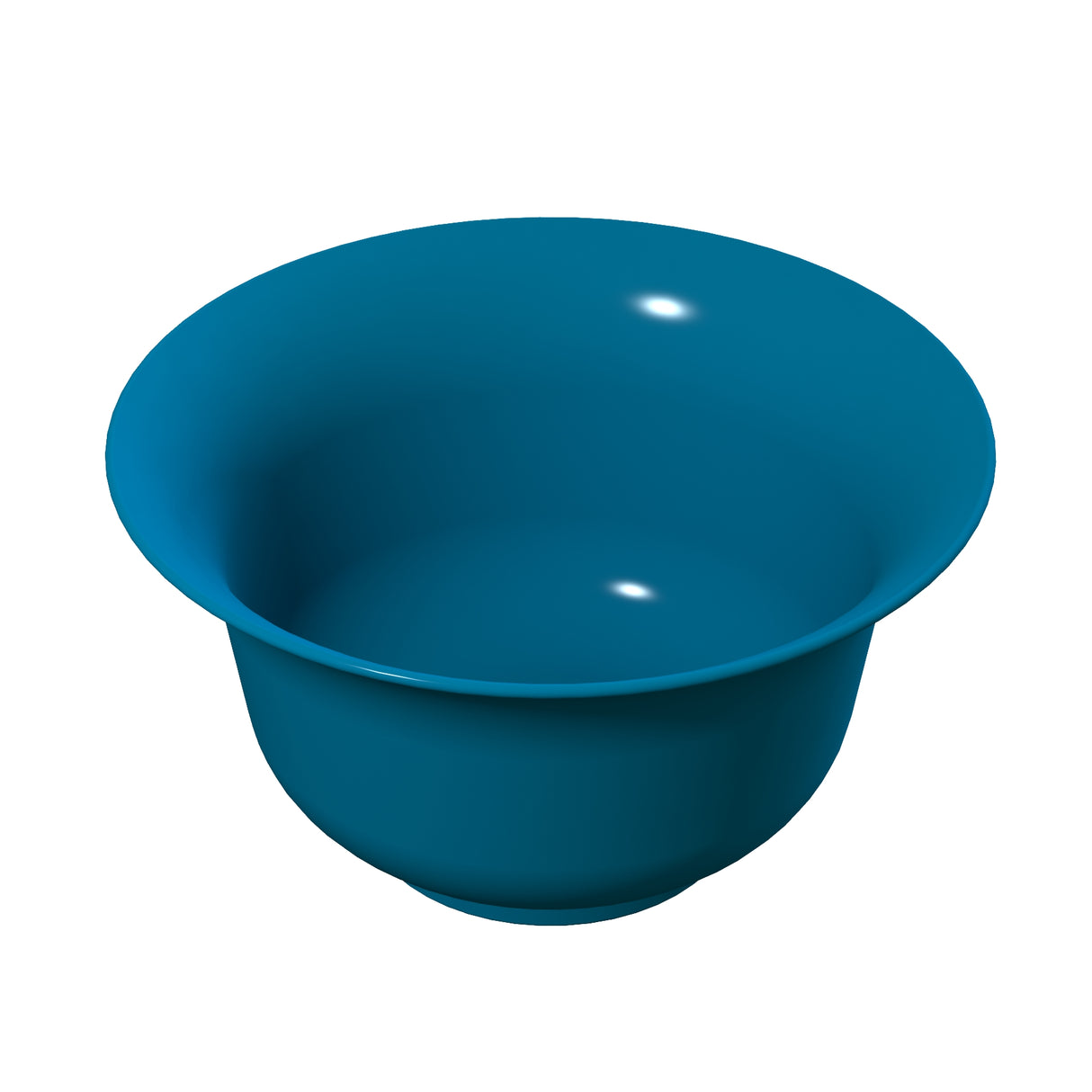 A 3D-rendered image of a deep, round, teal blue salad bowl with a wide rim and smooth surface. The empty cast aluminum bowl sits against a plain white background, with small light reflections visible on its inner surface.