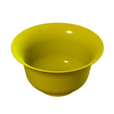 A shiny, empty yellow Tulip Salad Bowl with a wide rim and smooth surface is centered on a white background. The modern cast aluminum bowl features a vibrant yellow finish and casts a subtle shadow inside, highlighting its depth and rounded shape.
