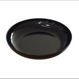 A glossy, empty black ceramic pasta bowl is shown against a plain white background. The bowl has a smooth, reflective surface and rounded edges, with light reflections visible on the inner and outer surfaces. It is also dishwasher safe.