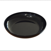 A glossy, empty black ceramic pasta bowl is shown against a plain white background. The bowl has a smooth, reflective surface and rounded edges, with light reflections visible on the inner and outer surfaces. It is also dishwasher safe.