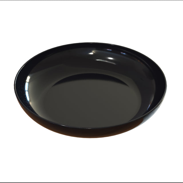 A glossy, empty black ceramic pasta bowl is shown against a plain white background. The bowl has a smooth, reflective surface and rounded edges, with light reflections visible on the inner and outer surfaces. It is also dishwasher safe.