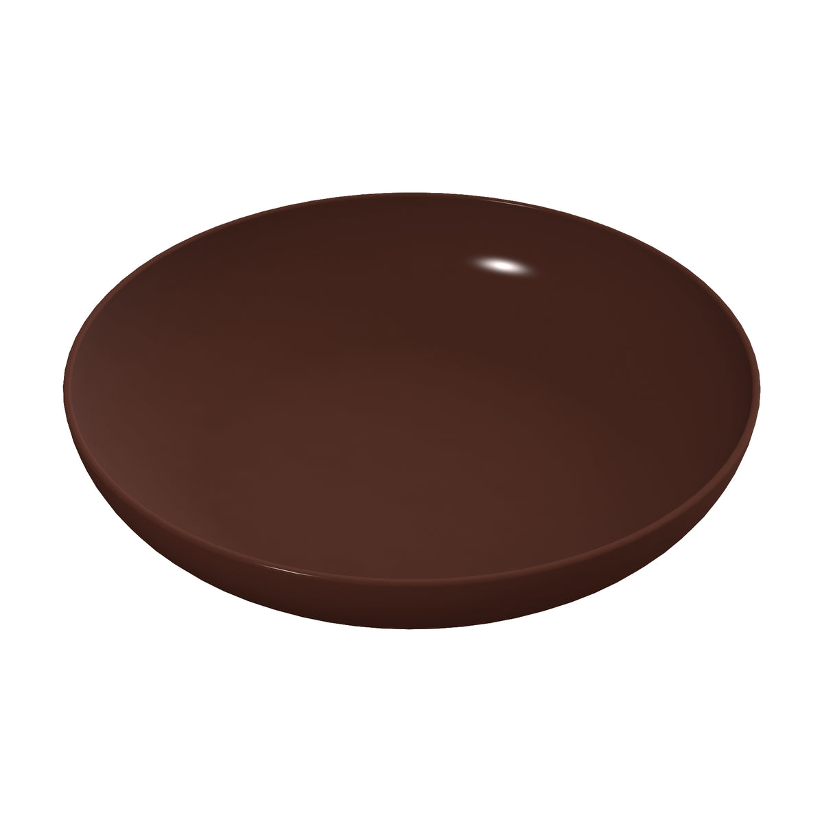 A round, shallow Pasta Bowl with a dark brown, glossy ceramic finish sits empty on a plain white background. Seen slightly from above, its minimalist design and smooth surface evoke elegance and simplicity.