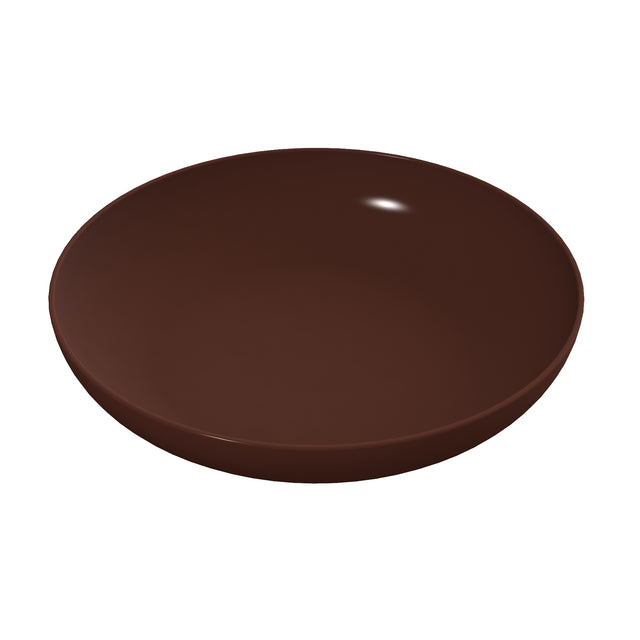 A round, shallow Pasta Bowl with a dark brown, glossy ceramic finish sits empty on a plain white background. Seen slightly from above, its minimalist design and smooth surface evoke elegance and simplicity.