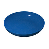 A plain, round, shallow blue plate with a smooth matte finish is shown against a white background. With a gentle curve and no visible patterns or decorations, this pasta bowl is also dishwasher safe. A small white highlight appears on the upper right edge.