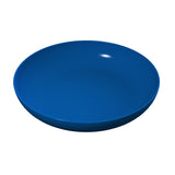 A shiny, deep blue pasta bowl made from cast aluminum is shown against a plain white background. The bowl features smooth, curved edges, a wide opening, and a reflective surface with a white highlight on the upper right side.